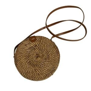 Rattan Straw Woven Circular Round Shoulder Crossbody Strap Bag Handbag